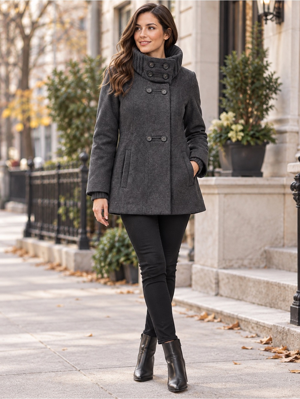 Andrew Marc Size 8 Charcoal Wool Cashmere Blend Funnel Neck Coat